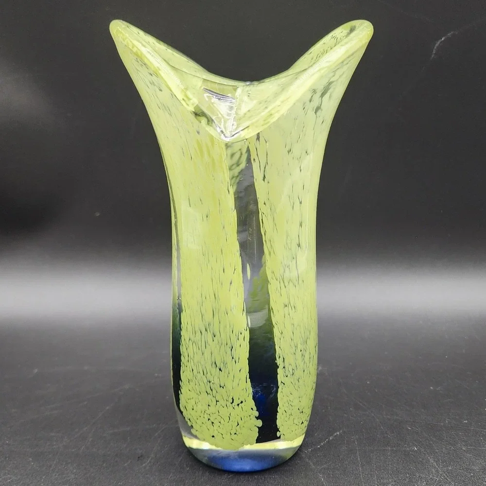 Vintage Yellow Blue Art Glass Tulip Vase Hand Blown MCM Retro Decor Gift
